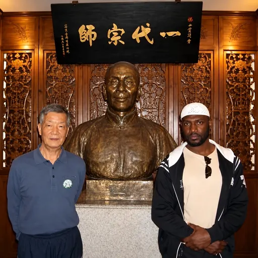 Grand Master Ip Ching and Sifu Garry McKenzie beside the bust of Grand Master Ip Man at the Ip Man Tong